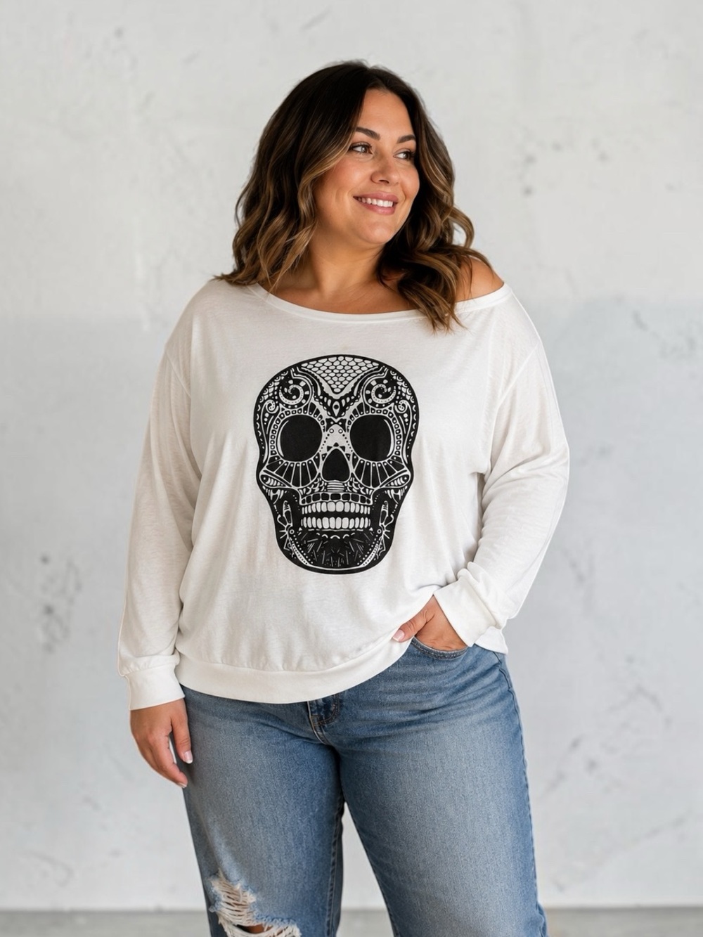 Ealey Fushi Sugar Skull Off Shoulder Graphic Top White XL EUC
